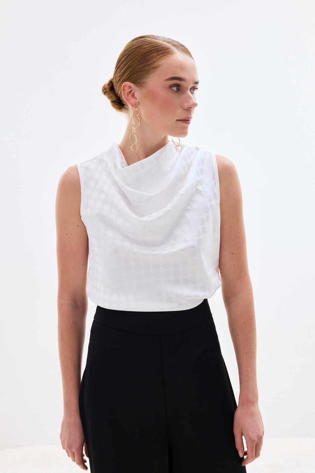 Sateen Blouse Sans Manches Imprimée Pois - Écru