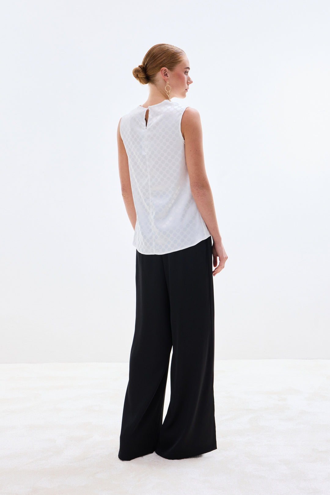 Sateen Blouse Sans Manches Imprimée Pois - Écru