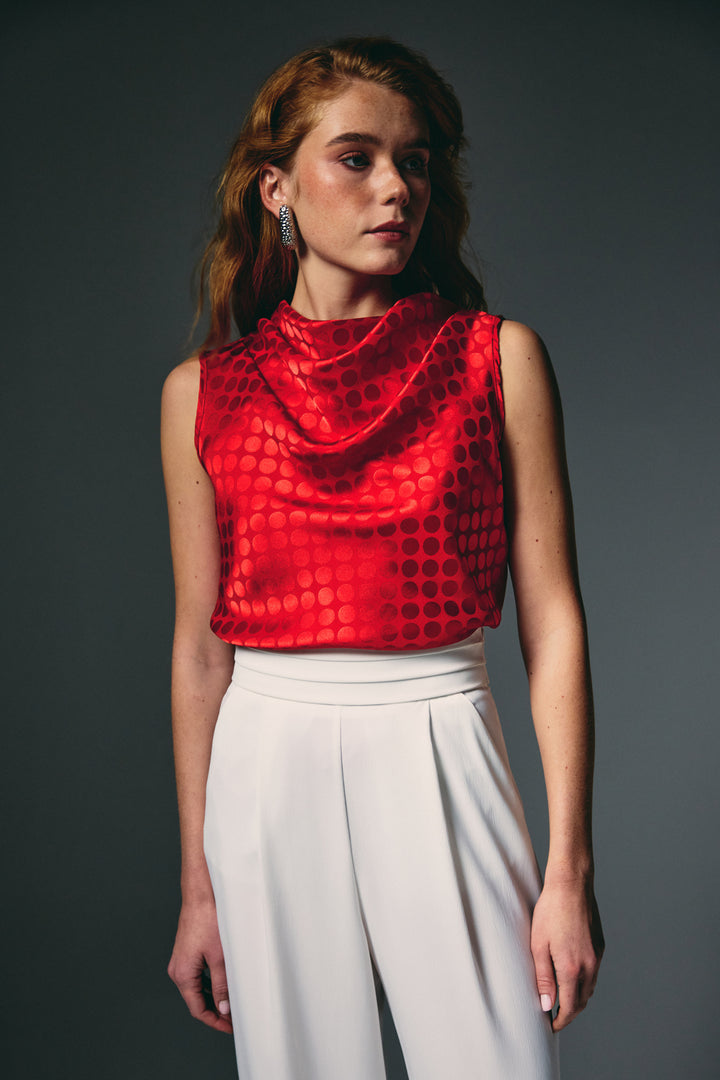 Sateen Blouse Sans Manches Imprimée Pois - Rouge