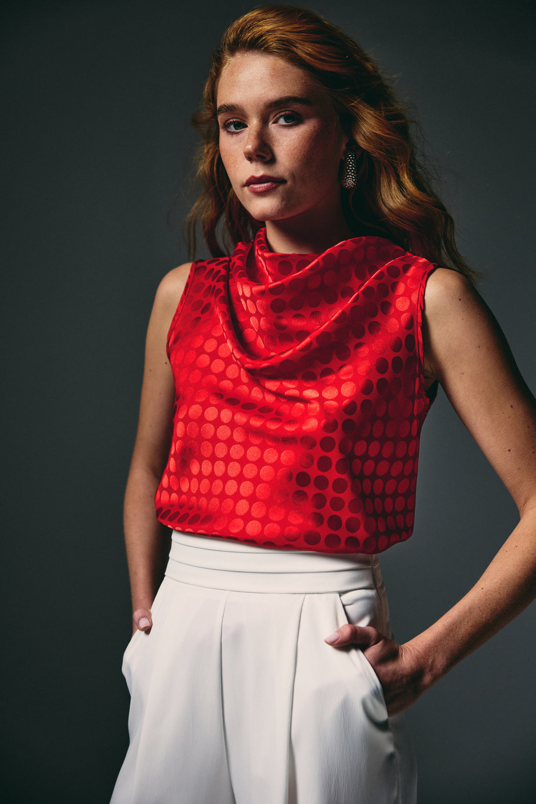 Sateen Blouse Sans Manches Imprimée Pois - Rouge