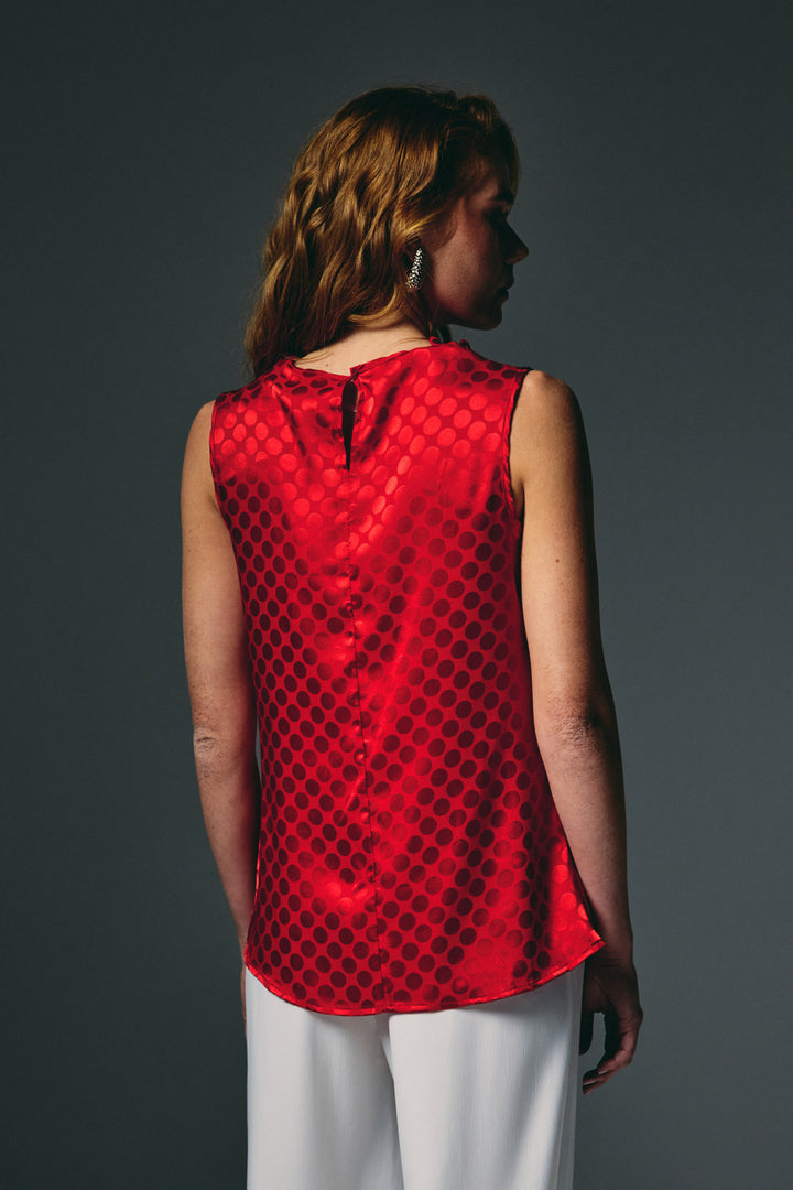Sateen Blouse Sans Manches Imprimée Pois - Rouge