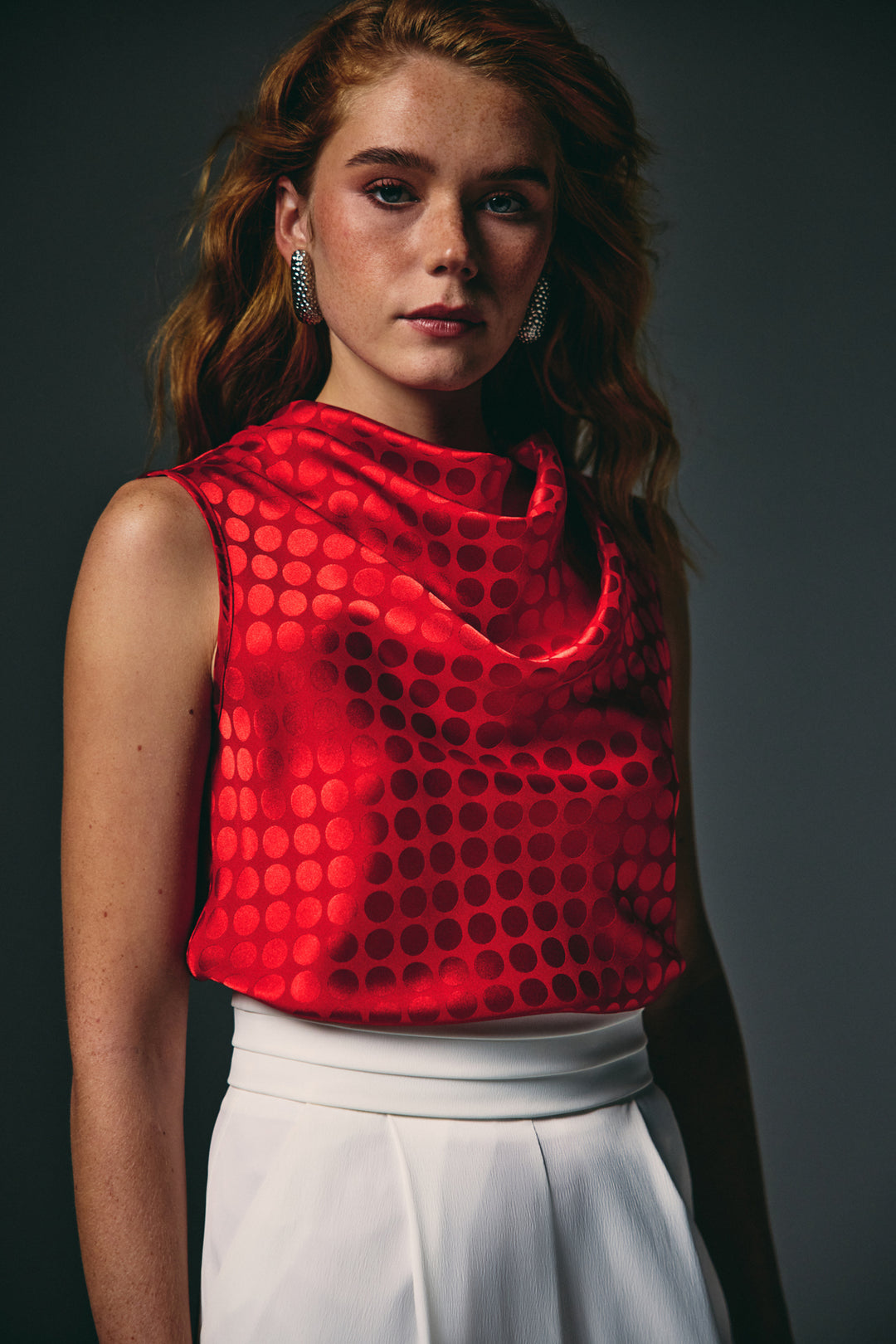 Sateen Blouse Sans Manches Imprimée Pois - Rouge