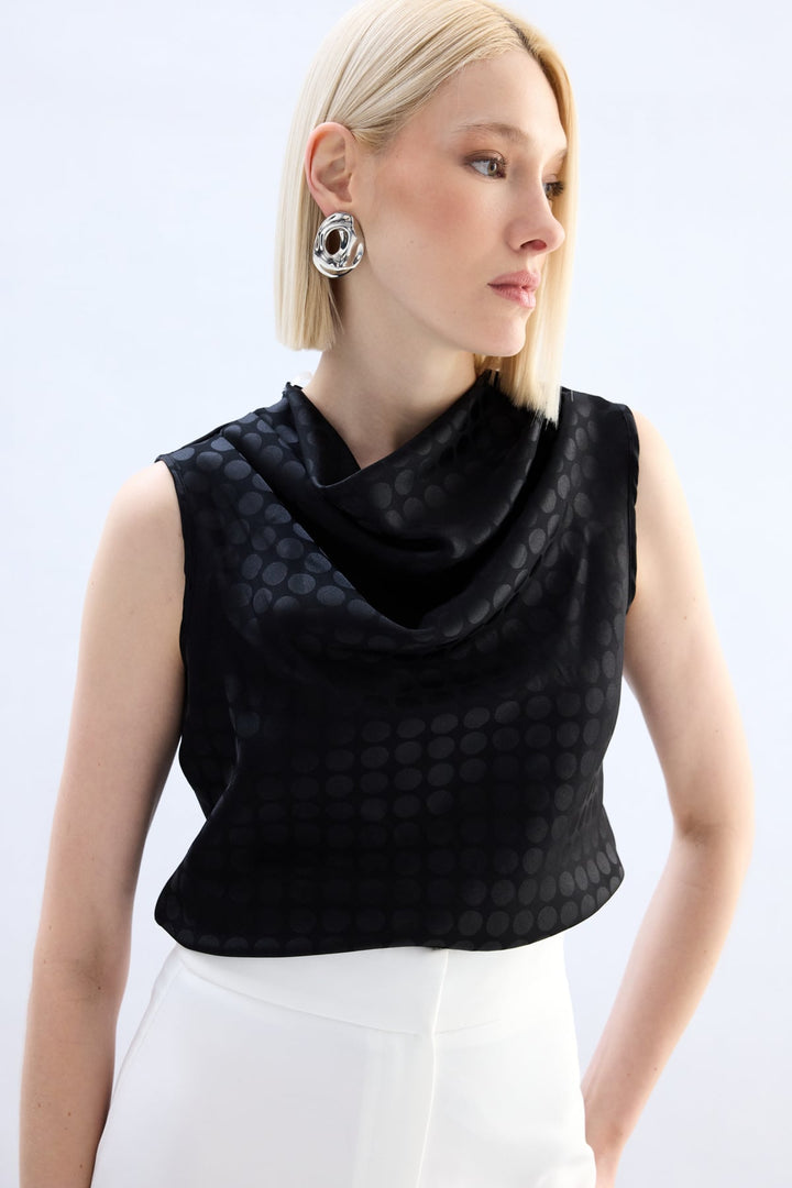 Sateen Blouse Sans Manches Imprimée Pois - Noir