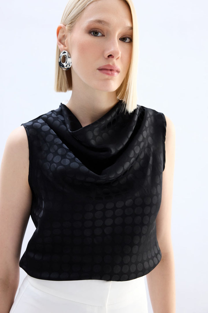Sateen Blouse Sans Manches Imprimée Pois - Noir