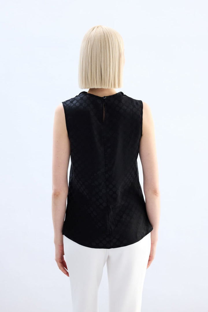 Sateen Blouse Sans Manches Imprimée Pois - Noir