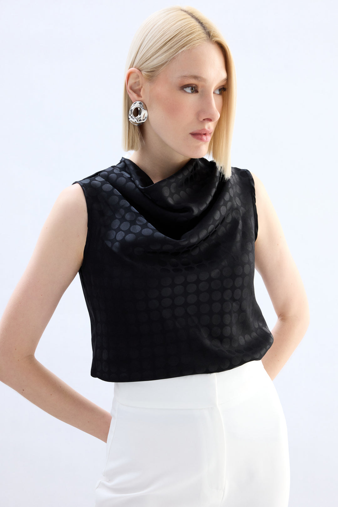 Sateen Blouse Sans Manches Imprimée Pois - Noir