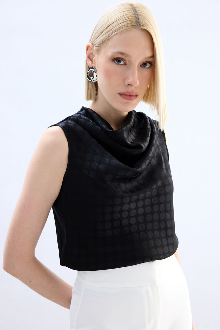 Sateen Blouse Sans Manches Imprimée Pois - Noir
