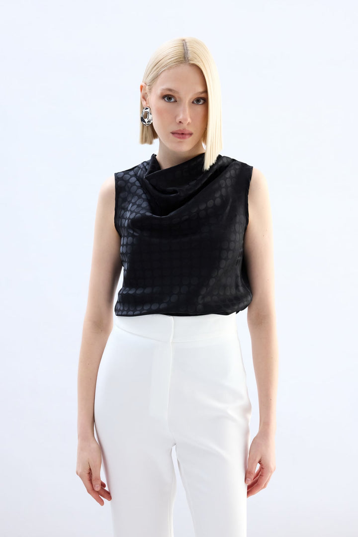 Sateen Blouse Sans Manches Imprimée Pois - Noir
