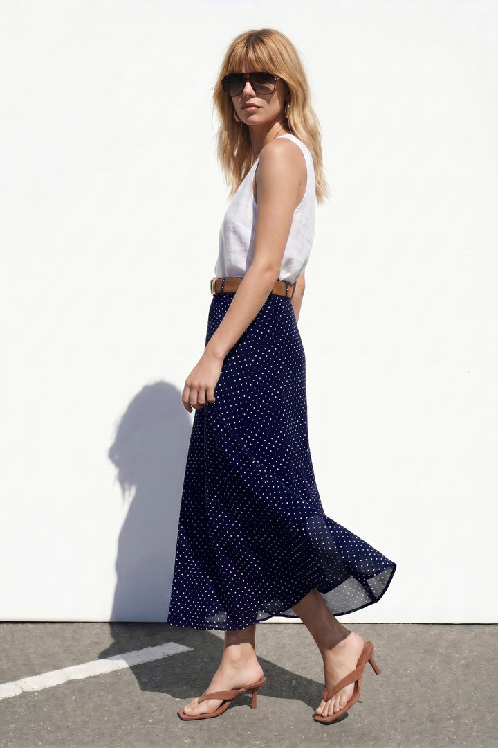 Sateen Jupe Longue à Pois - Bleu marine