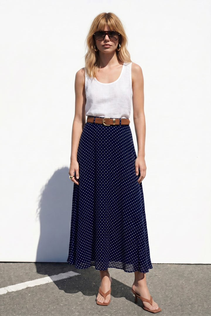 Sateen Jupe Longue à Pois - Bleu marine