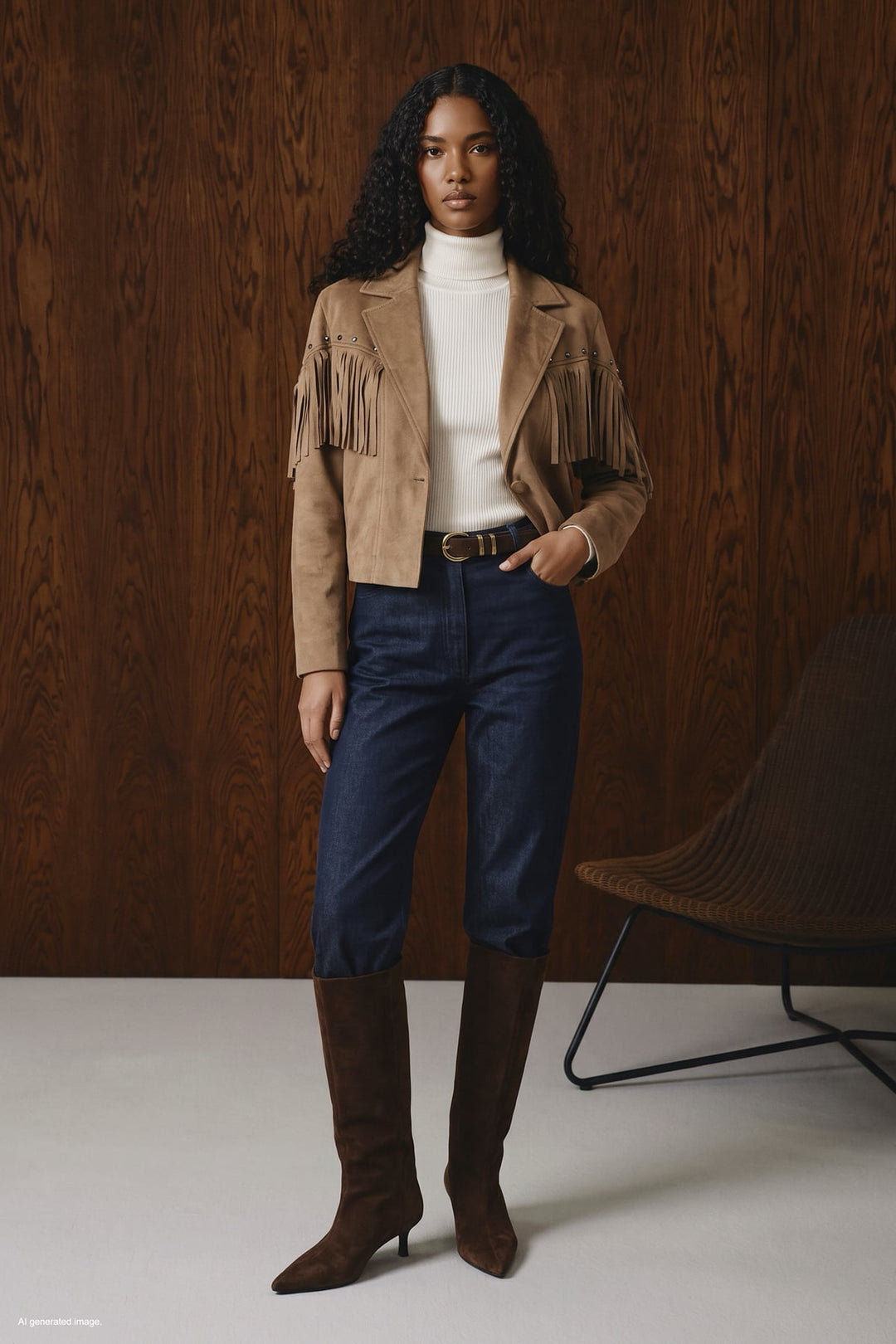 Sateen Veste en suède à franges - Camel