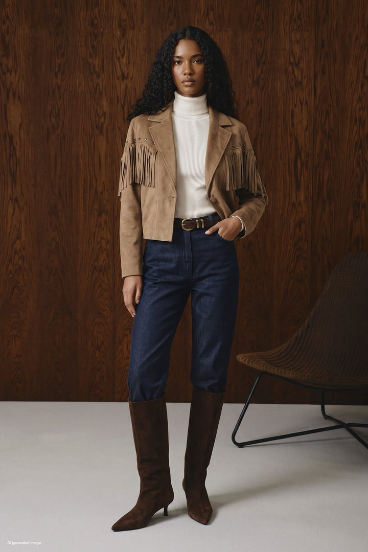 Sateen Veste en suède à franges - Camel