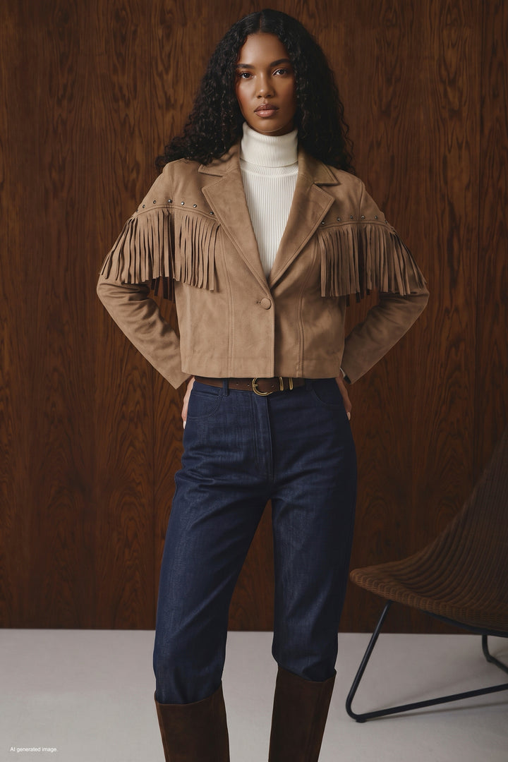 Sateen Veste en suède à franges - Camel