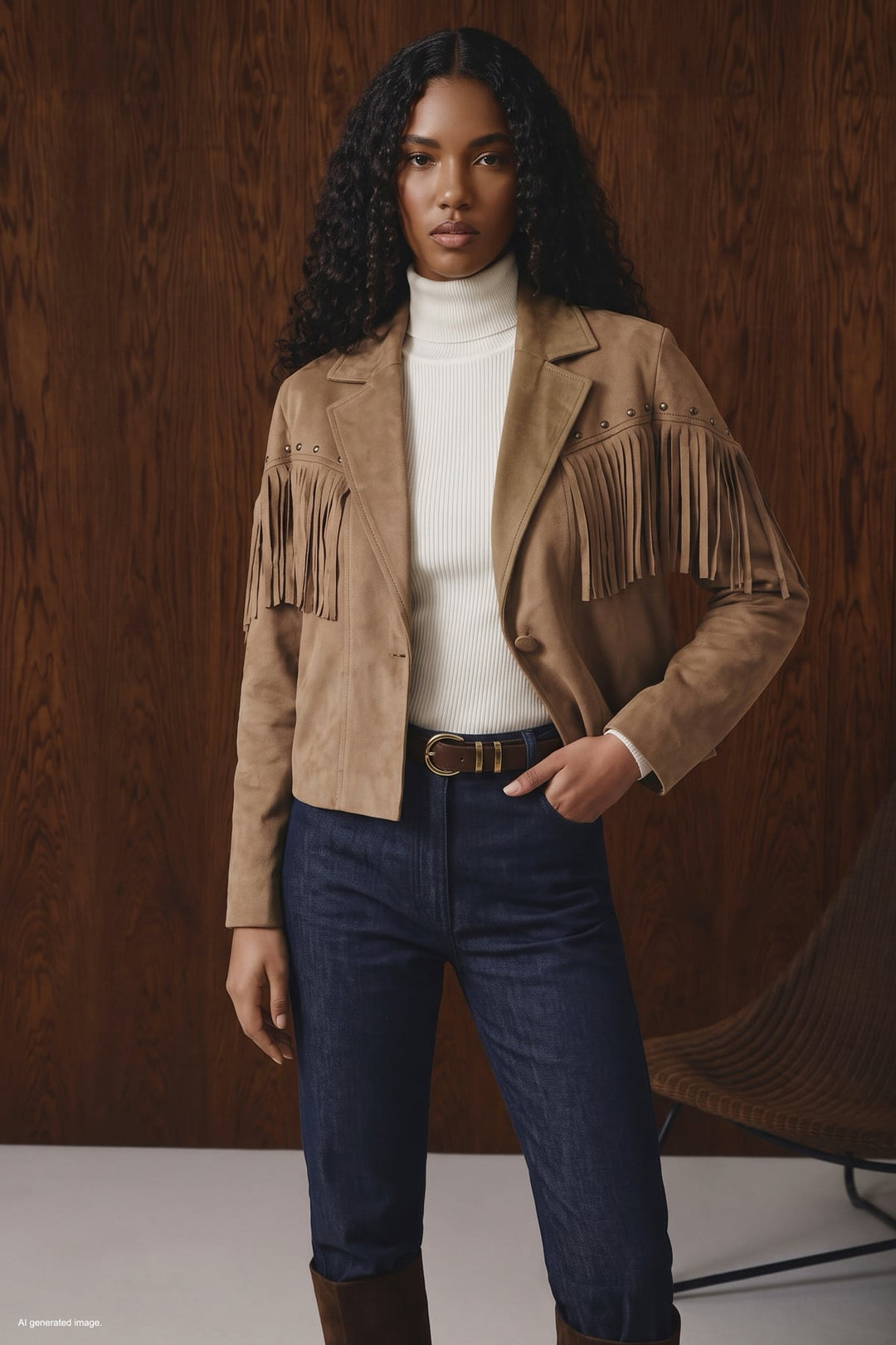 Sateen Veste en suède à franges - Camel