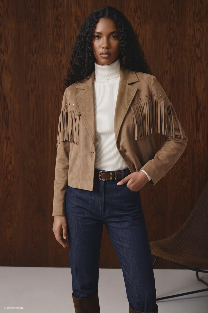 Sateen Veste en suède à franges - Camel