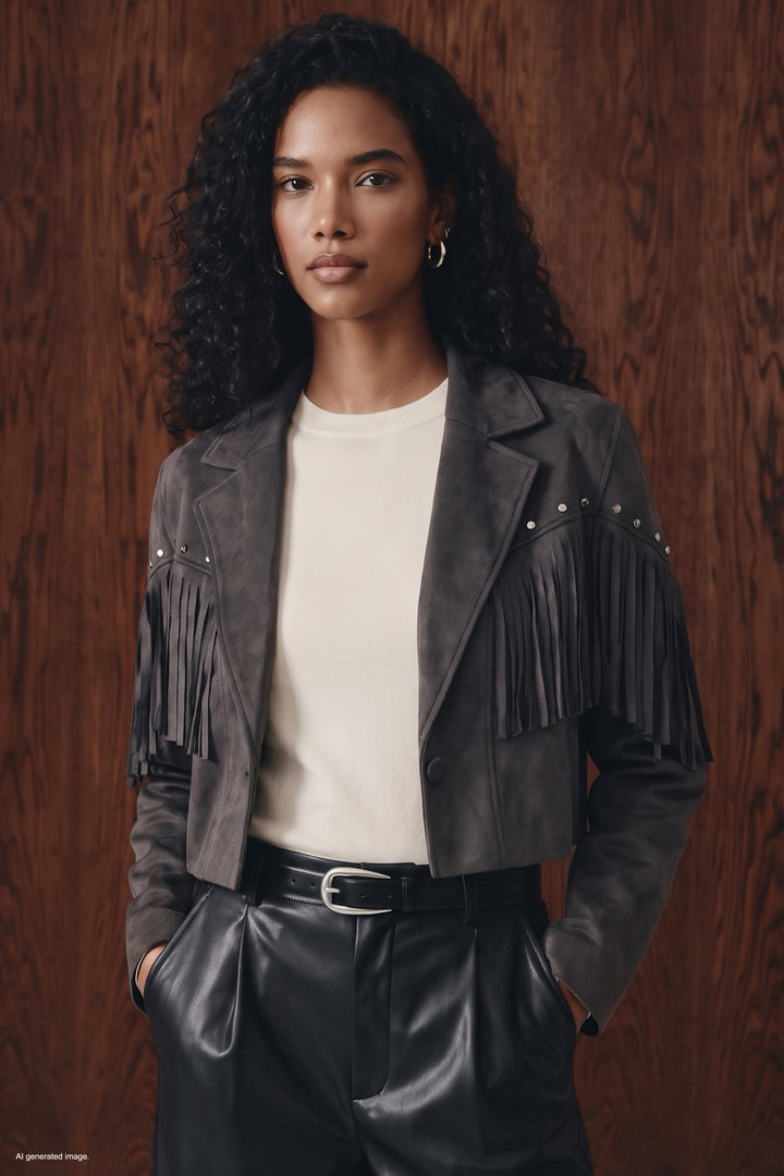 Sateen Veste en daim à franges - Marron