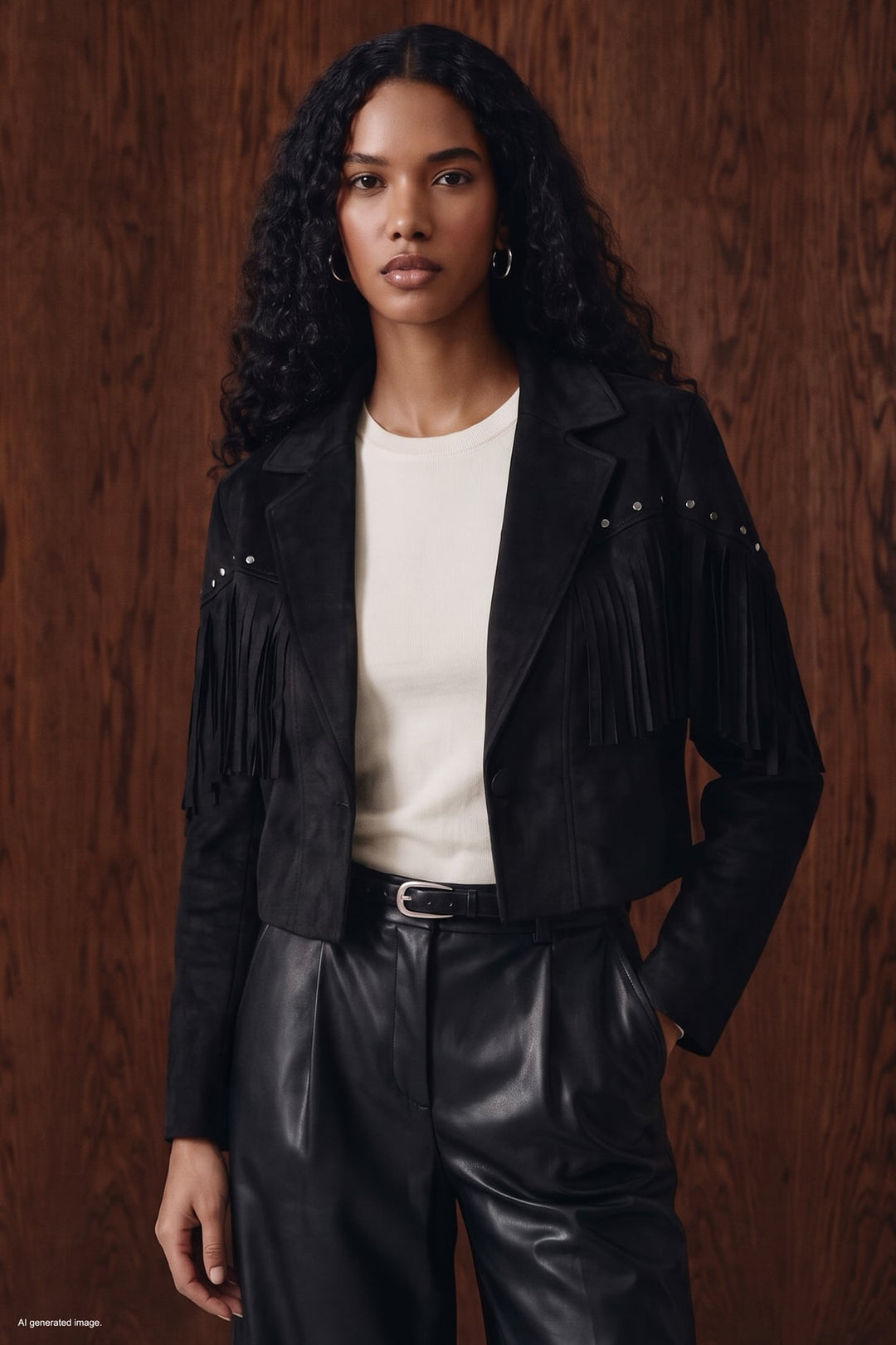 Sateen Veste en suède à franges - Noir
