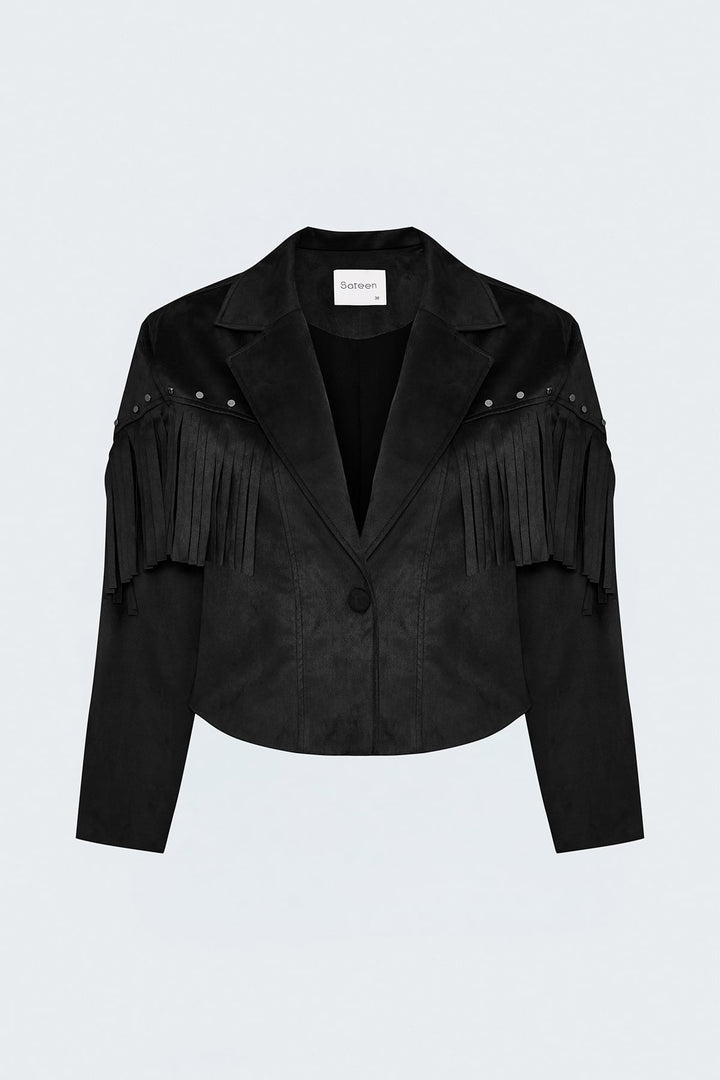 Sateen Veste en suède à franges - Noir