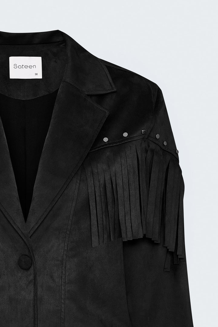 Sateen Veste en suède à franges - Noir