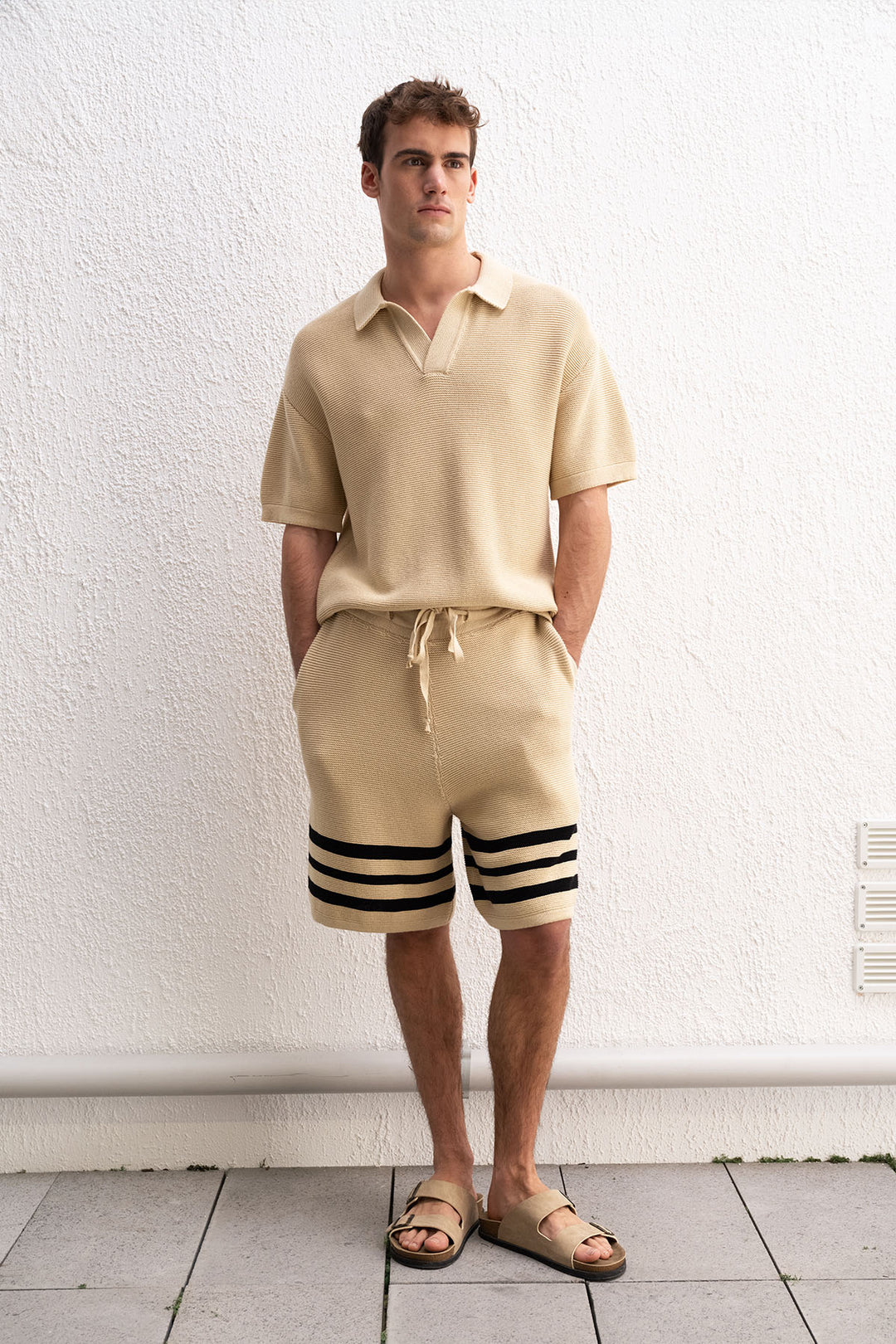 Giesto T-Shirt en Tricot Beige à Col Polo Coupe Ample - Beige