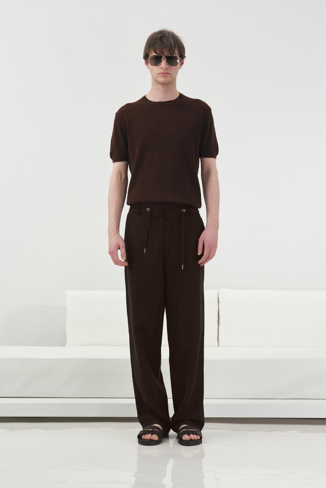 Giesto Pantalon en Tencel Marron Imprimé Coupe Régulière - Marron