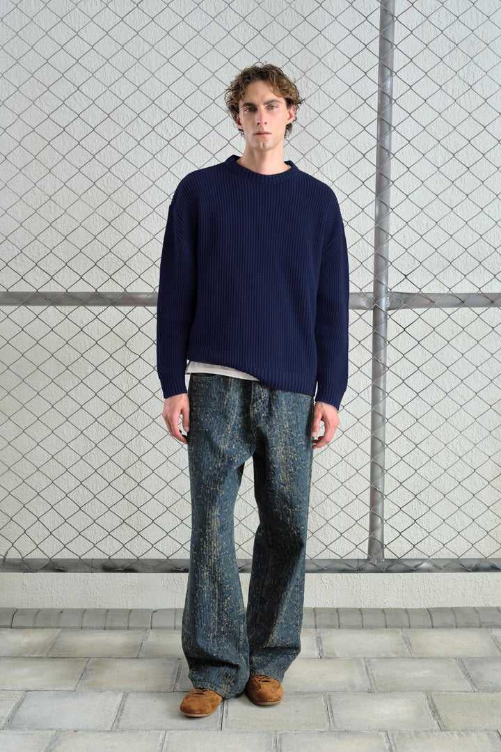 Giesto Pull tricoté bleu marine à coupe ample et texturé - Bleu marine