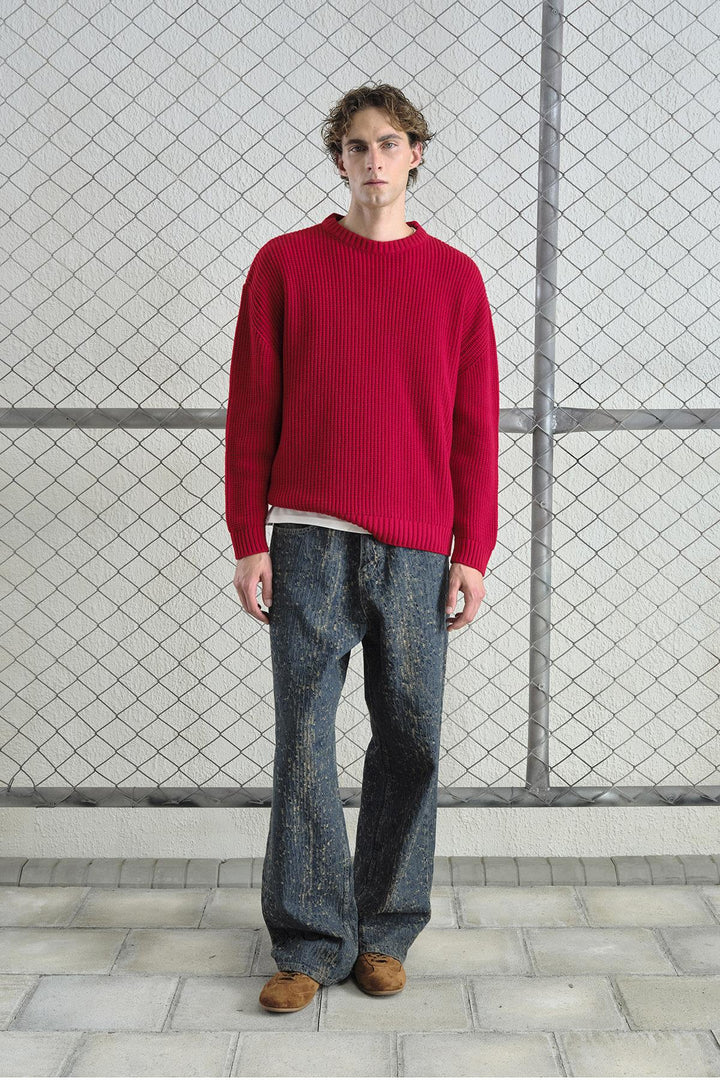 Giesto Pull tricoté rouge à coupe ample et texturé - Rouge