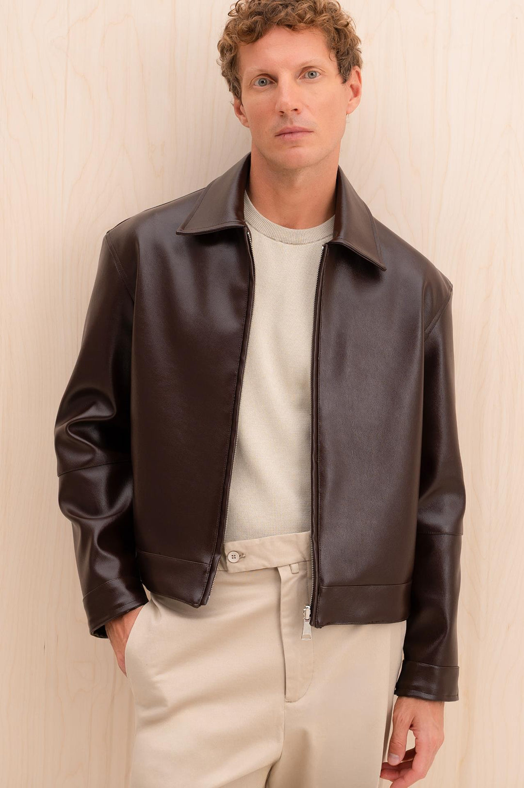 Giesto Veste en cuir marron coupe regular fit - Marron