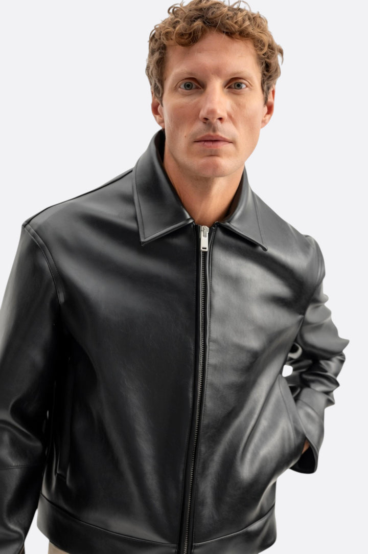 Giesto Veste en cuir noire Regular Fit - Noir