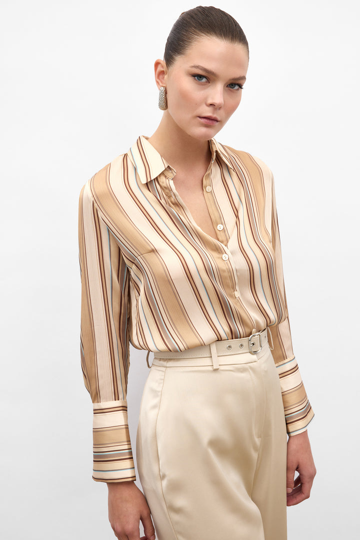 Sateen Chemise Rayée Colorée - camel