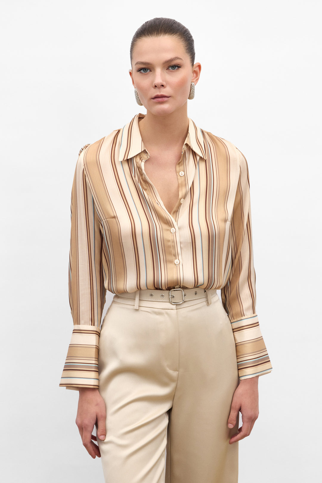 Sateen Chemise Rayée Colorée - camel
