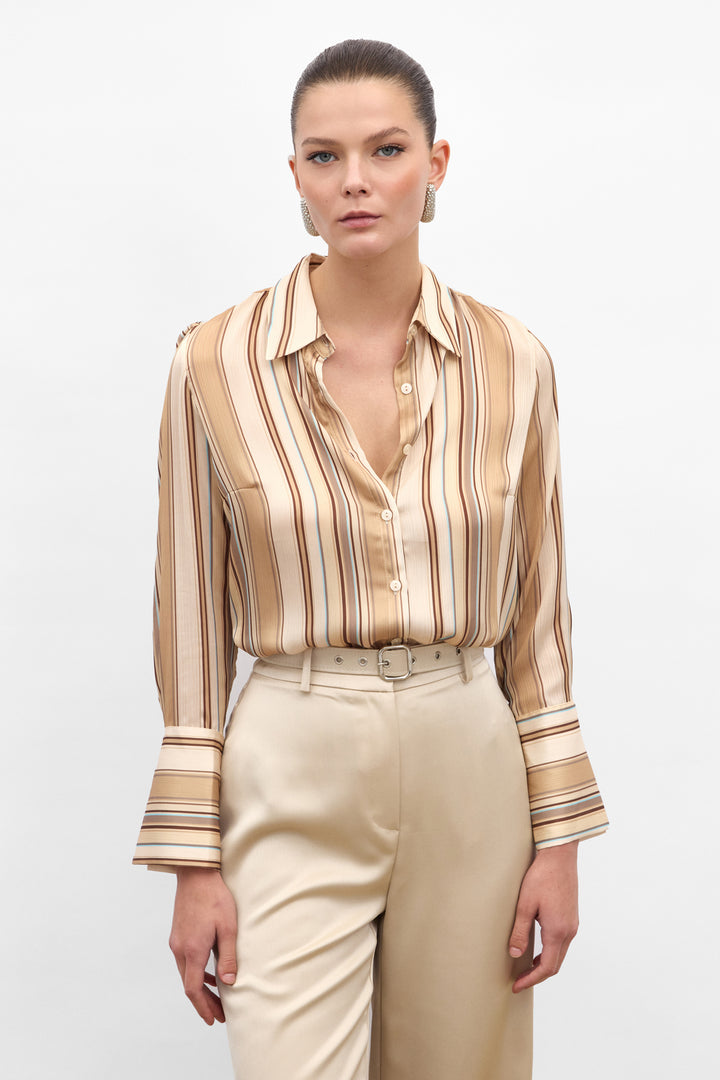 Sateen Chemise Rayée Colorée - camel