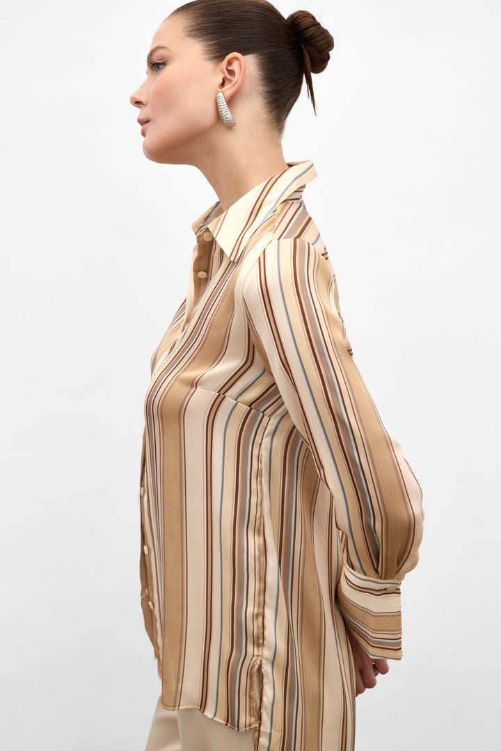 Sateen Chemise Rayée Colorée - camel
