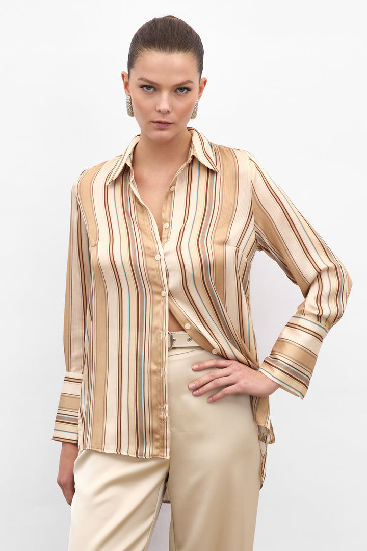 Sateen Chemise Rayée Colorée - camel