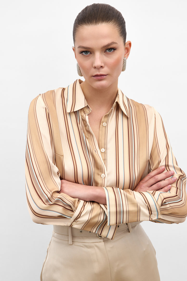 Sateen Chemise Rayée Colorée - camel