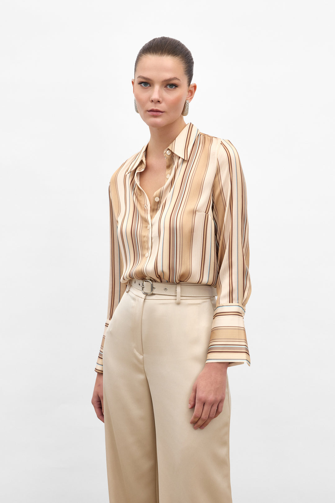 Sateen Chemise Rayée Colorée - camel