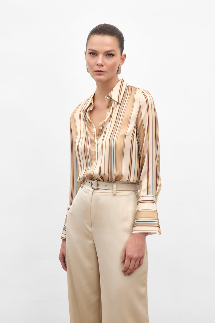 Sateen Chemise Rayée Colorée - camel