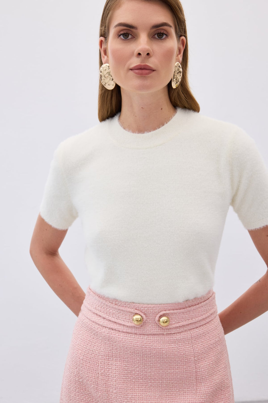 Sateen Tricot à manches courtes avec poils - Écru