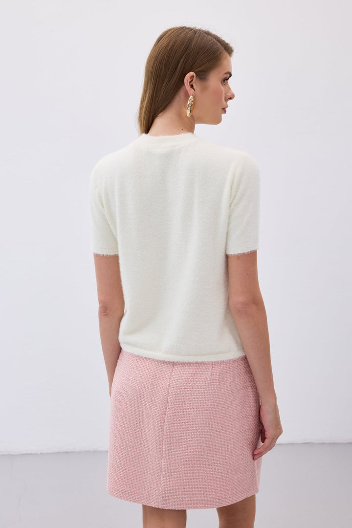 Sateen Tricot à manches courtes avec poils - Écru