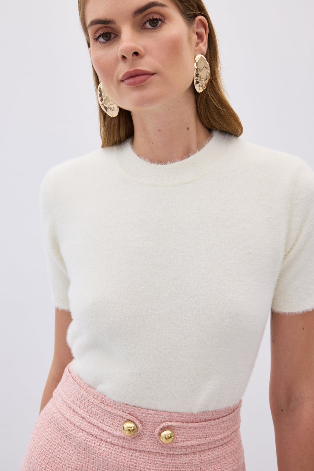 Sateen Tricot à manches courtes avec poils - Écru