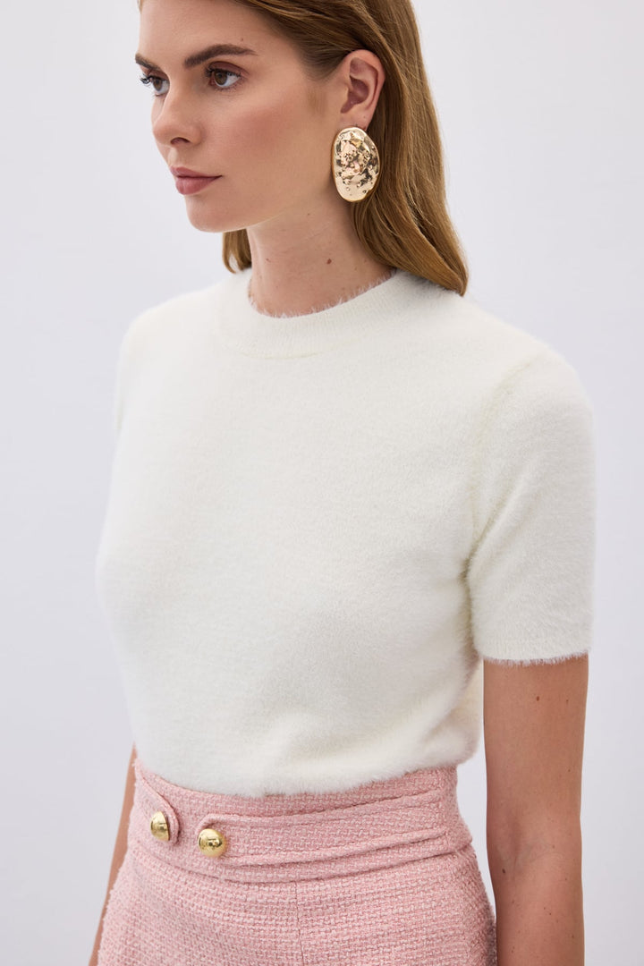 Sateen Tricot à manches courtes avec poils - Écru