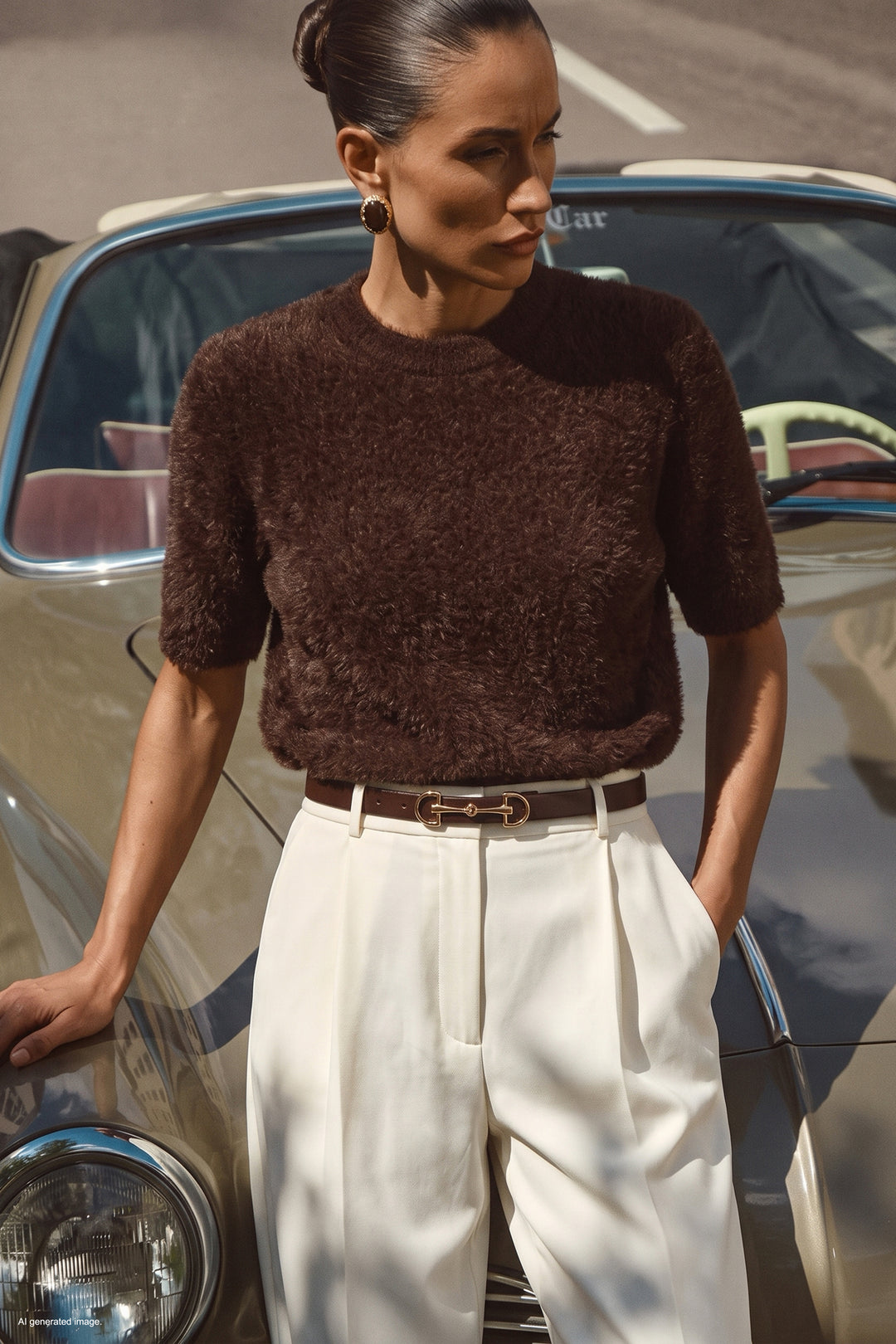 Sateen Tricot à manches courtes avec poils - Marron