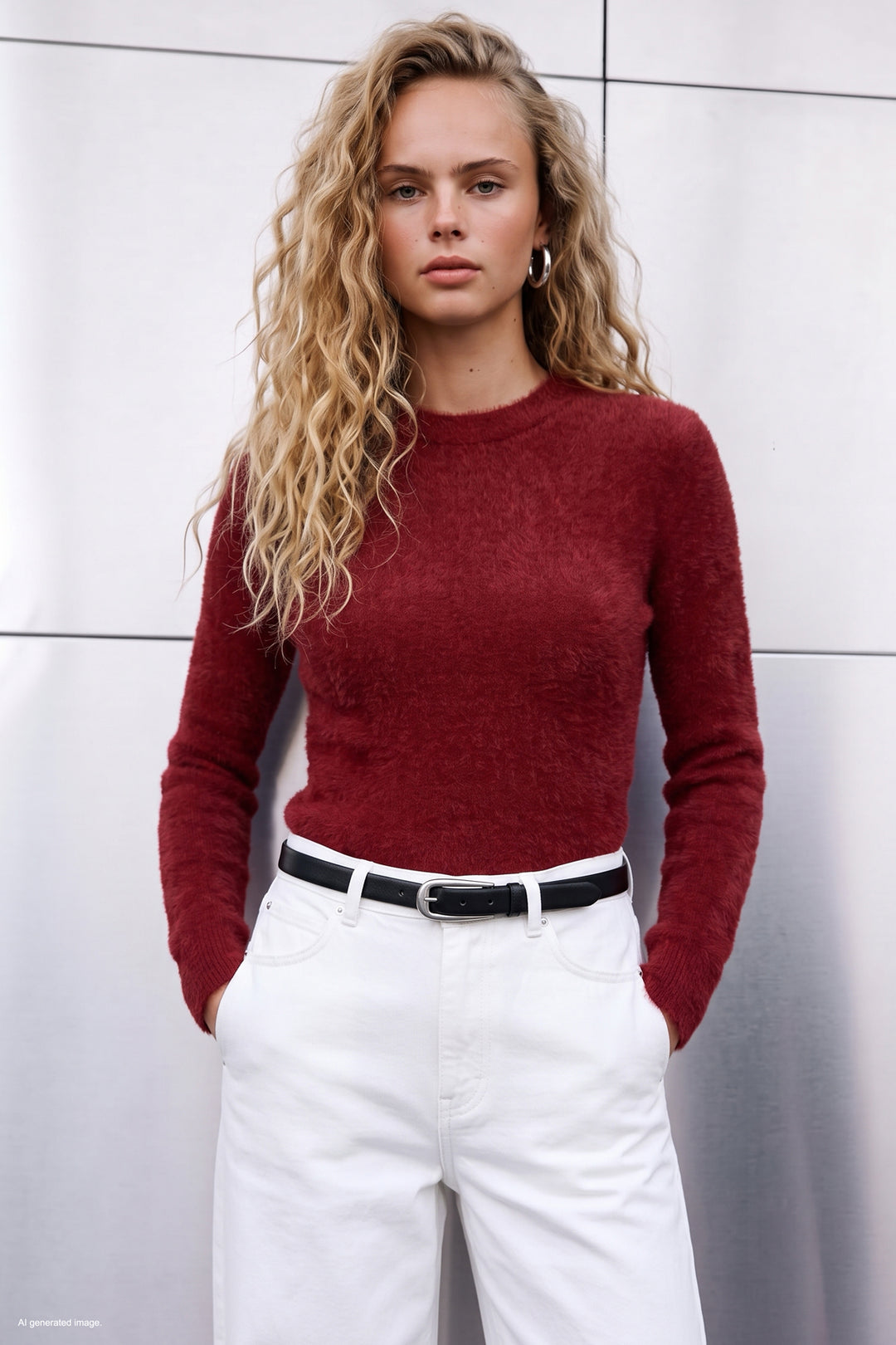 Sateen Pull en V avec barbe - Rouge