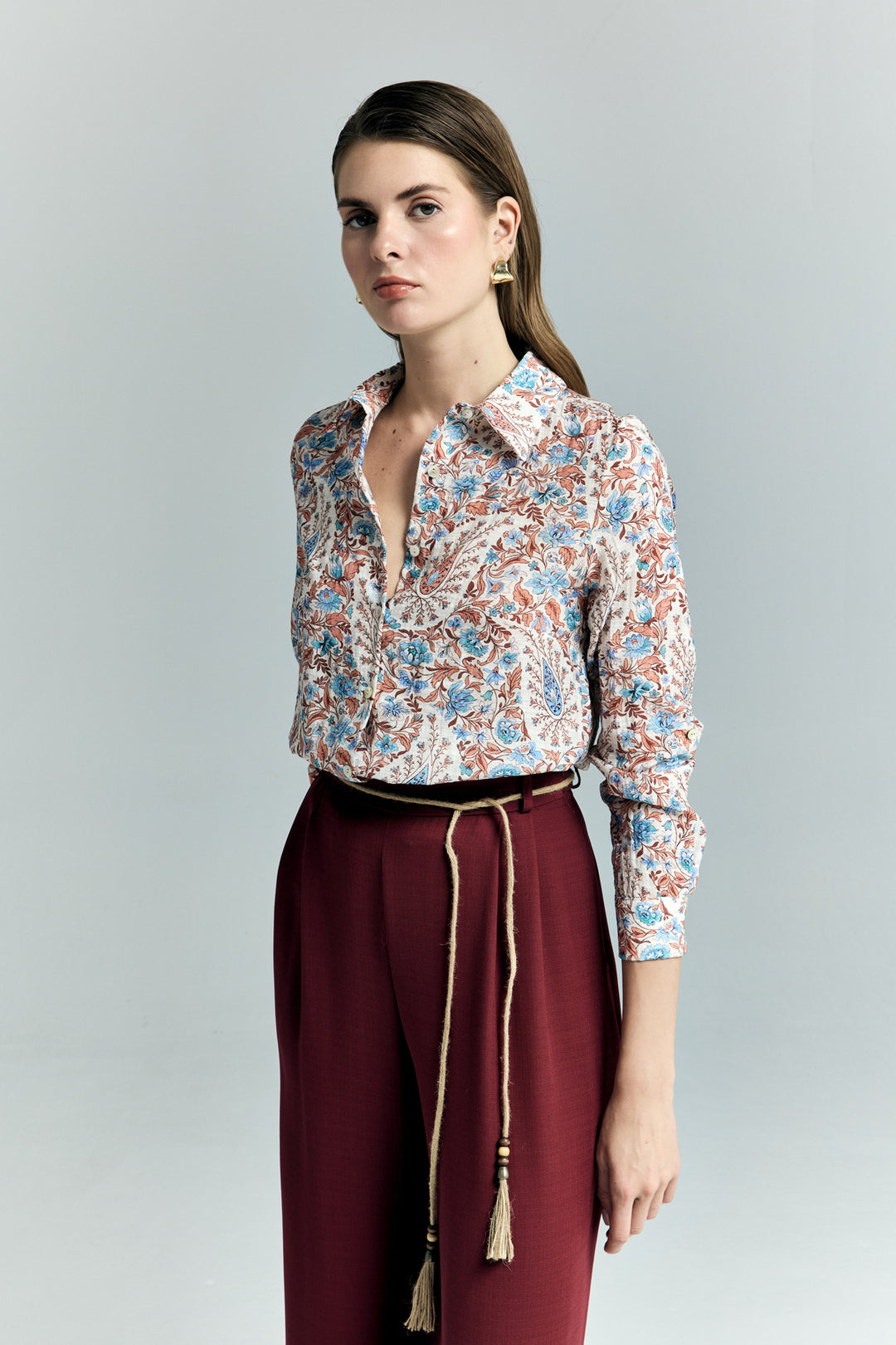 Sateen Chemise à Manches Repliées à Motifs Écharpe - Bleu