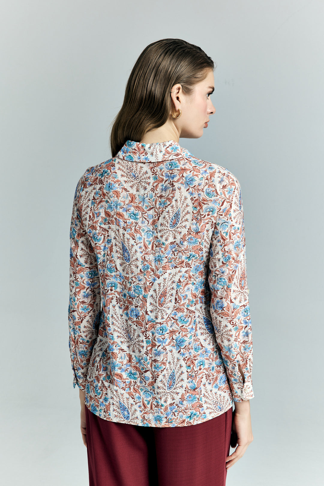 Sateen Chemise à Manches Repliées à Motifs Écharpe - Bleu