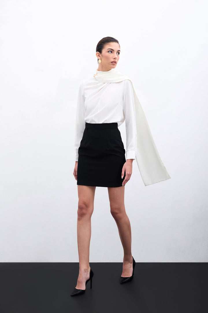 Sateen Blouse avec Détails en Châle - Écru
