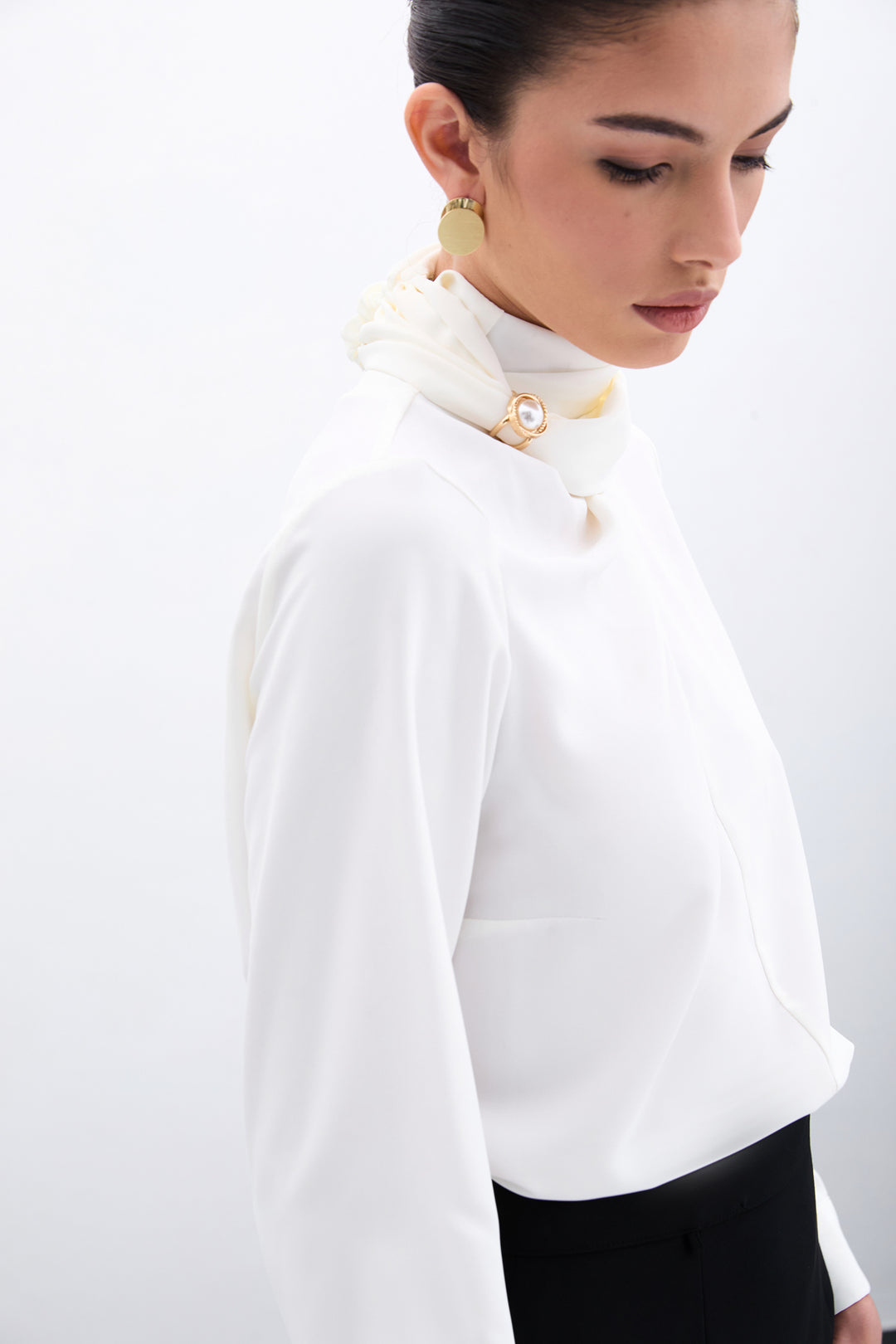 Sateen Blouse avec Détails en Châle - Écru