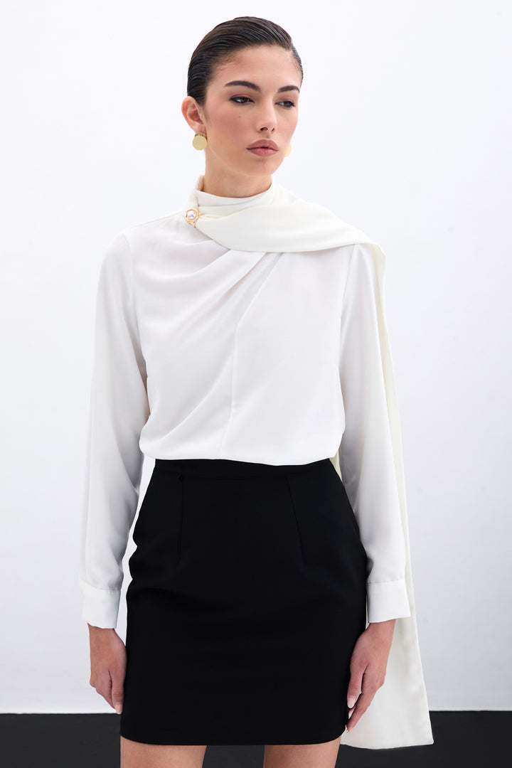 Sateen Blouse avec Détails en Châle - Écru