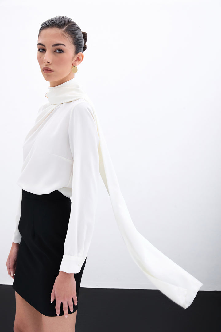 Sateen Blouse avec Détails en Châle - Écru