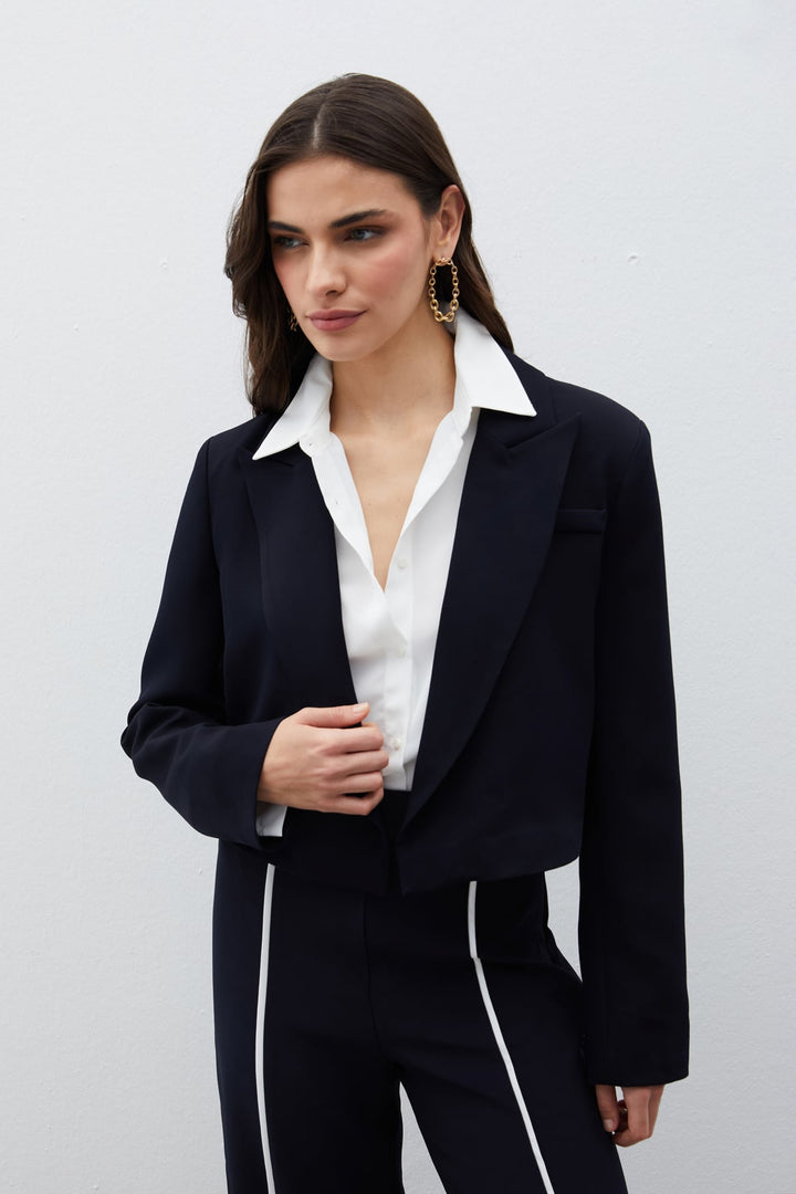 Sateen Veste courte à col châle - Bleu marine